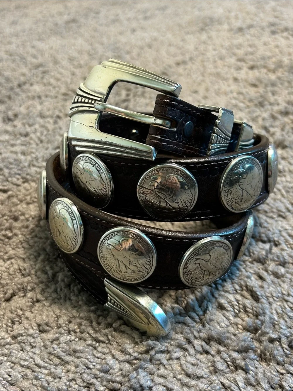Vintage Justin Leather Coin Concho Belt with Silver Buckle